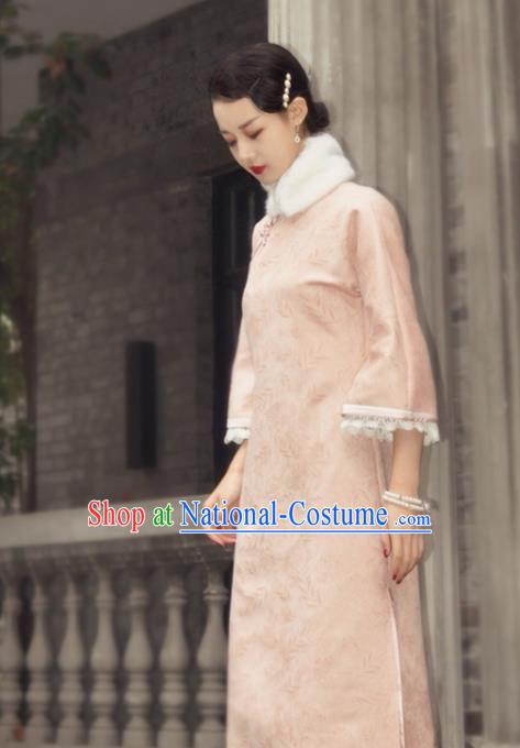 Chinese Traditional Peach Pink Cheongsam Costume Republic of China Mandarin Qipao Dress for Women