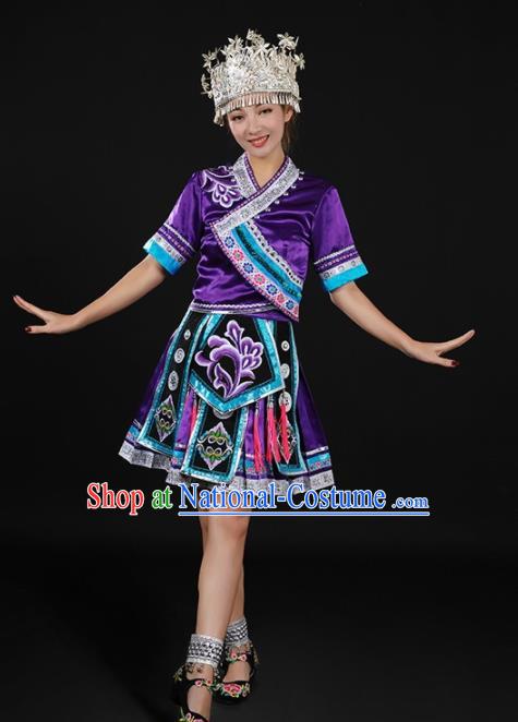 Chinese Traditional Miao Nationality Purple Blouse and Skirt Ethnic Minority Folk Dance Stage Show Costume for Women