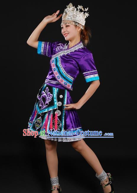 Chinese Traditional Miao Nationality Purple Blouse and Skirt Ethnic Minority Folk Dance Stage Show Costume for Women