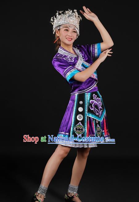 Chinese Traditional Miao Nationality Purple Blouse and Skirt Ethnic Minority Folk Dance Stage Show Costume for Women