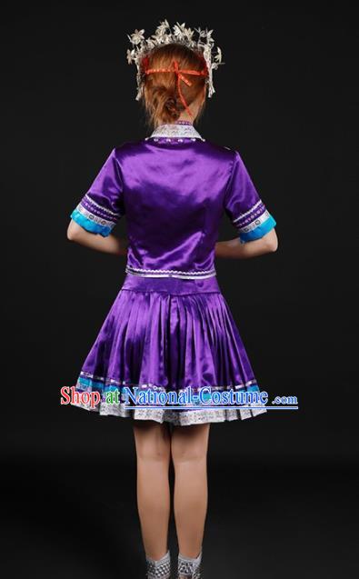 Chinese Traditional Miao Nationality Purple Blouse and Skirt Ethnic Minority Folk Dance Stage Show Costume for Women