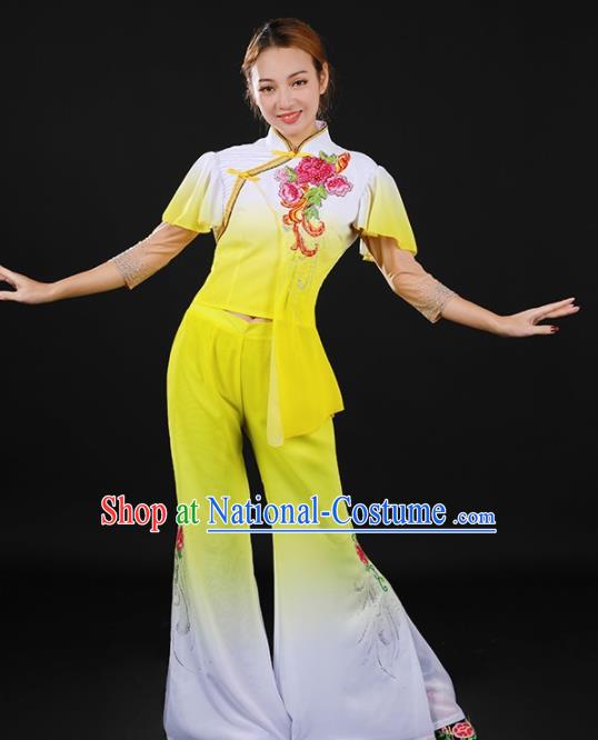 Chinese Spring Festival Gala Folk Dance Yellow Outfits Traditional Fan Dance Costume for Women