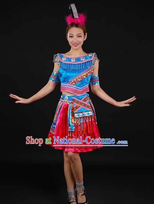 Chinese Traditional Miao Nationality Blue Blouse and Rosy Skirt Ethnic Minority Folk Dance Stage Show Costume for Women