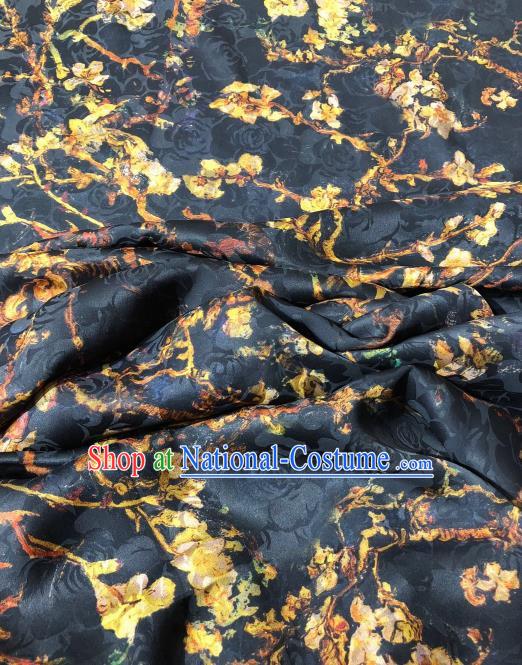 Asian Chinese Traditional Flower Branch Pattern Design Black Gambiered Guangdong Gauze Fabric Silk Material