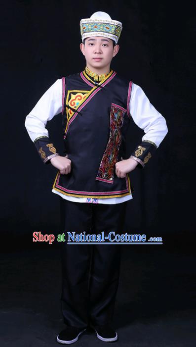 Chinese Traditional Tu Nationality Festival Compere Black Outfits Ethnic Minority Folk Dance Stage Show Costume for Men