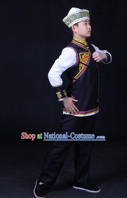 Chinese Traditional Tu Nationality Festival Compere Black Outfits Ethnic Minority Folk Dance Stage Show Costume for Men