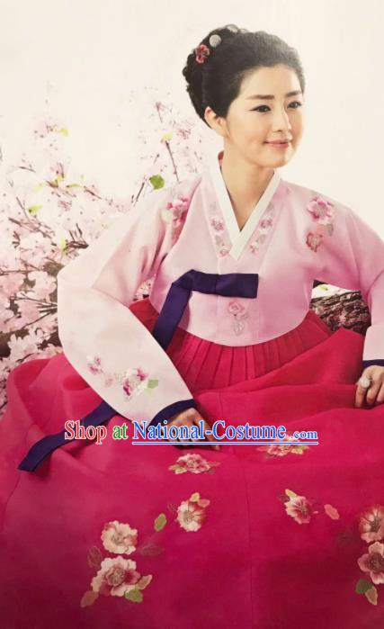 Korean Traditional Hanbok Mother of the Bride Blouse and Rosy Dress Outfit Asian Korea Fashion Costume for Women