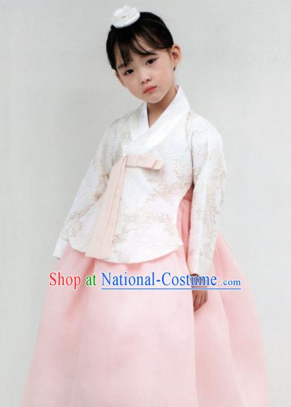 Korean Traditional Hanbok Princess White Blouse and Pink Dress Outfit Asian Korea Fashion Costume for Kids