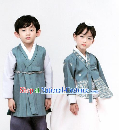 Korean Traditional Hanbok Birthday Blue Outfit Asian Korea Fashion Costume for Kids