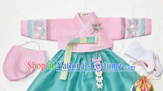 Korean Traditional Hanbok Birthday Pink Blouse and Green Dress Outfit Asian Korea Fashion Costume for Kids