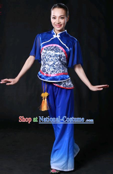 Chinese Spring Festival Gala Folk Dance Royalblue Outfits Traditional Fan Dance Compere Costume for Women