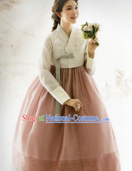 Korean Traditional Hanbok Bride Beige Blouse and Deep Pink Dress Outfits Asian Korea Fashion Costume for Women