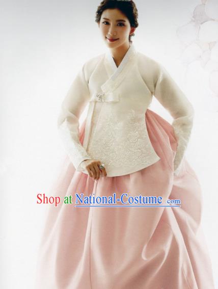 Korean Traditional Hanbok Bride White Blouse and Pink Dress Outfits Asian Korea Wedding Fashion Costume for Women