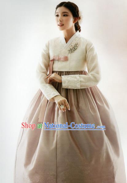 Korean Traditional Hanbok Mother White Blouse and Cameo Brown Dress Outfits Asian Korea Wedding Fashion Costume for Women