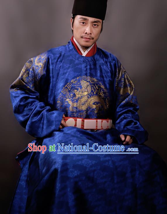 Chinese Ming Dynasty Royal King Embroidered Royalblue Imperial Robe Ancient Emperor Costumes for Men