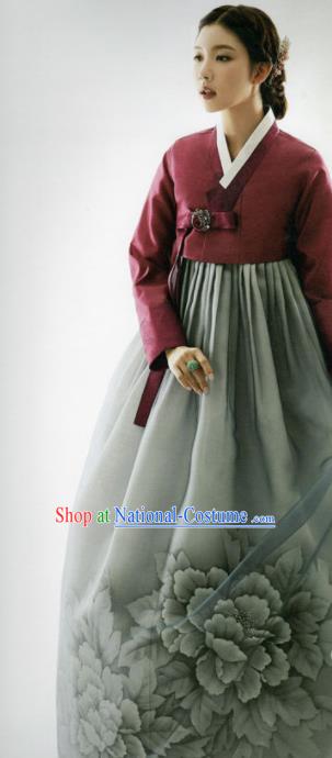 Korean Traditional Hanbok Mother Wine Red Blouse and Printing Peony Grey Dress Outfits Asian Korea Wedding Fashion Costume for Women