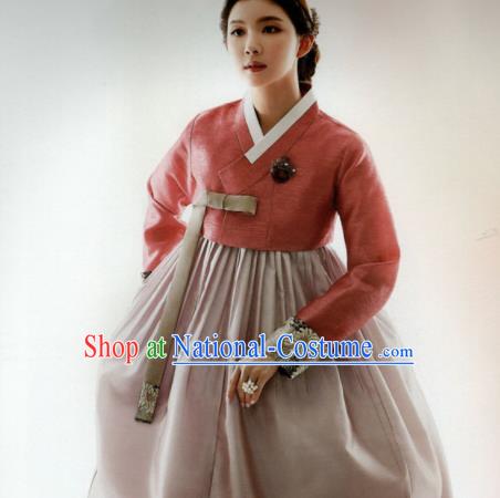 Korean Traditional Hanbok Mother Orange Blouse and Cameo Brown Dress Outfits Asian Korea Wedding Fashion Costume for Women