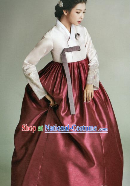 Korean Traditional Hanbok Mother White Satin Blouse and Wine Red Dress Outfits Asian Korea Fashion Costume for Women