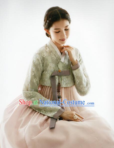 Korean Traditional Hanbok Princess Light Green Blouse and Pink Dress Outfits Asian Korea Fashion Costume for Women