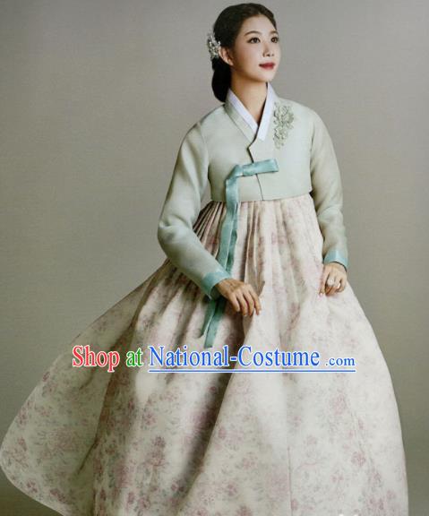 Korean Traditional Hanbok Princess Embroidered Green Blouse and Printing Dress Outfits Asian Korea Fashion Costume for Women