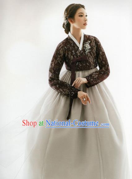 Korean Traditional Hanbok Princess Brown Lace Blouse and Grey Dress Outfits Asian Korea Fashion Costume for Women