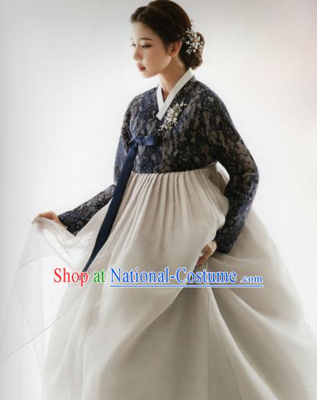 Korean Traditional Hanbok Princess Navy Lace Blouse and Grey Dress Outfits Asian Korea Fashion Costume for Women