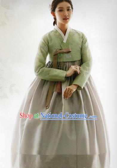 Korean Traditional Hanbok Princess Green Blouse and Grey Satin Dress Outfits Asian Korea Fashion Costume for Women