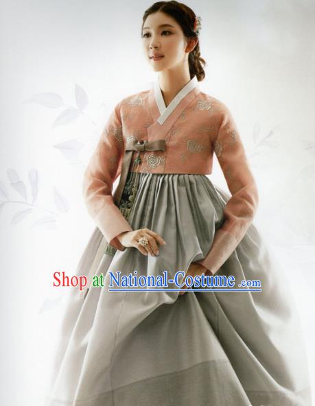 Korean Traditional Hanbok Princess Orange Blouse and Grey Satin Dress Outfits Asian Korea Fashion Costume for Women