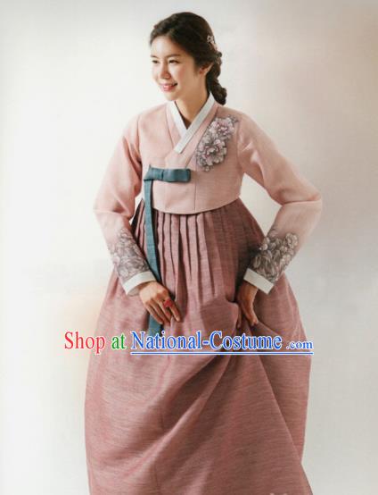 Korean Traditional Hanbok Wedding Mother Printing Peony Pink Blouse and Dress Outfits Asian Korea Fashion Costume for Women