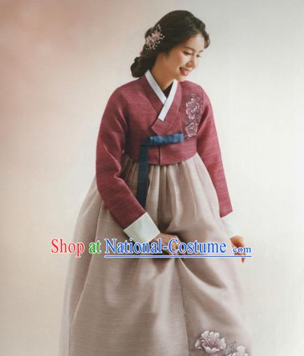 Korean Traditional Hanbok Wedding Mother Purplish Red Blouse and Grey Dress Outfits Asian Korea Fashion Costume for Women