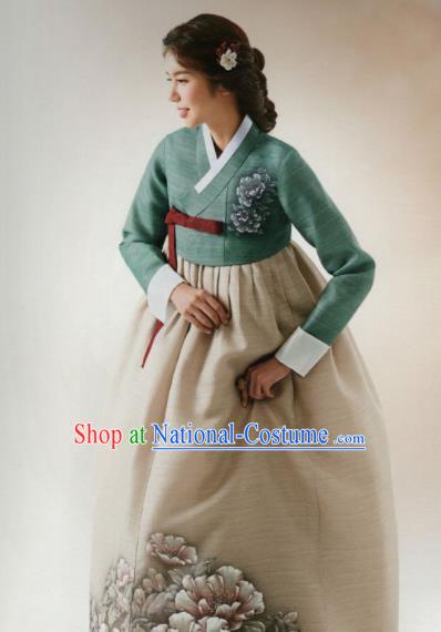 Korean Traditional Hanbok Wedding Mother Printing Peony Green Blouse and Beige Dress Outfits Asian Korea Fashion Costume for Women