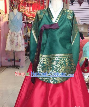 Korean Traditional Hanbok Court Mother Green Tang Blouse and Red Satin Dress Outfits Asian Korea Fashion Costume for Women