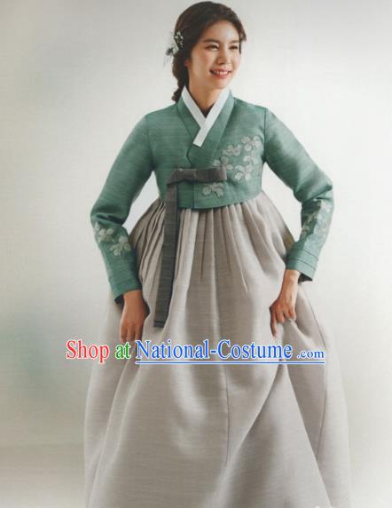 Korean Traditional Hanbok Wedding Mother Embroidered Green Blouse and Grey Dress Outfits Asian Korea Fashion Costume for Women