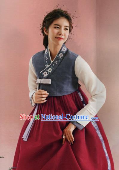 Korean Traditional Hanbok Wedding Bride Grey Blouse and Wine Red Dress Outfits Asian Korea Fashion Costume for Women