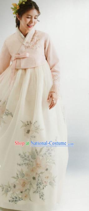 Korean Traditional Hanbok Wedding Bride Pink Blouse and Printing White Dress Outfits Asian Korea Fashion Costume for Women