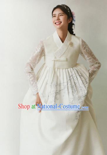 Korean Traditional Hanbok Wedding Bride Blouse and Printing White Dress Outfits Asian Korea Fashion Costume for Women