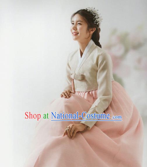 Korean Traditional Hanbok Wedding Bride Beige Blouse and Pink Dress Outfits Asian Korea Fashion Costume for Women