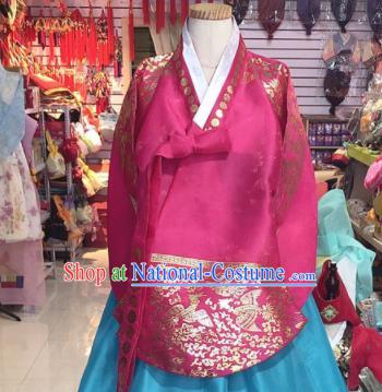 Korean Traditional Hanbok Court Mother Rosy Tang Blouse and Blue Satin Dress Outfits Asian Korea Fashion Costume for Women