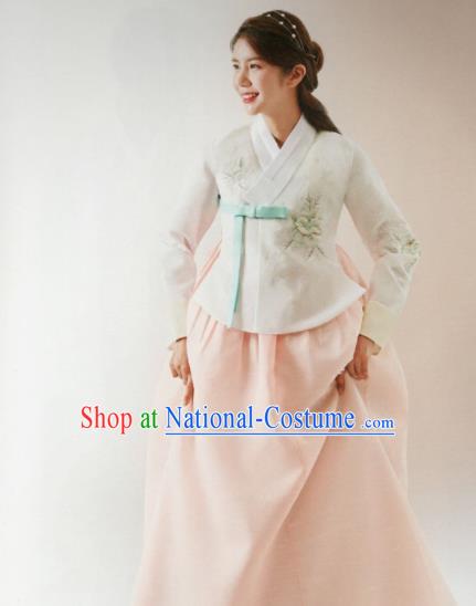 Korean Traditional Hanbok Wedding Bride Printing Peony White Blouse and Pink Dress Outfits Asian Korea Fashion Costume for Women