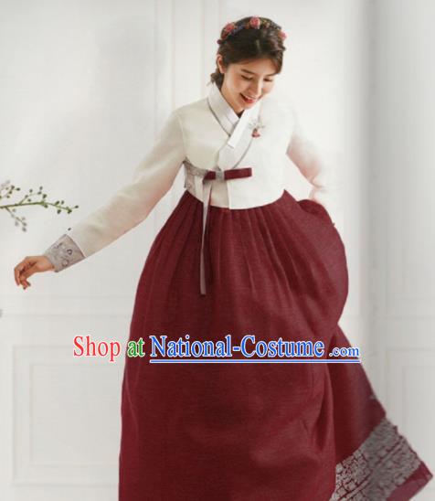 Korean Traditional Hanbok Wedding Bride White Blouse and Purplish Red Dress Outfits Asian Korea Fashion Costume for Women