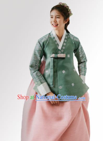 Korean Traditional Hanbok Wedding Bride Green Blouse and Pink Dress Outfits Asian Korea Fashion Costume for Women