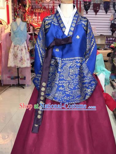 Korean Traditional Hanbok Court Mother Royalblue Tang Blouse and Wine Red Satin Dress Outfits Asian Korea Fashion Costume for Women