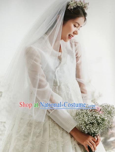 Korean Traditional Hanbok Bride White Veil Blouse and Dress Outfits Asian Korea Wedding Fashion Costume for Women