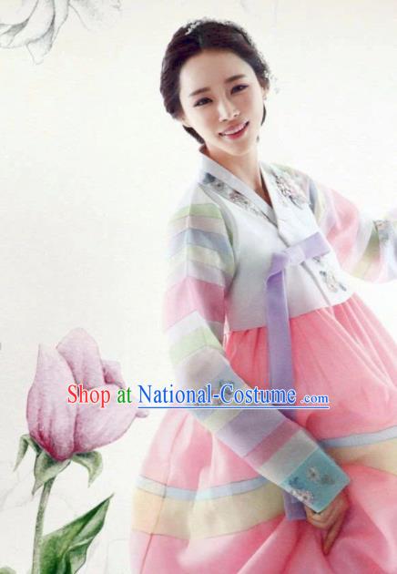 Korean Traditional Hanbok Bride Striped Blouse and Pink Dress Outfits Asian Korea Wedding Fashion Costume for Women