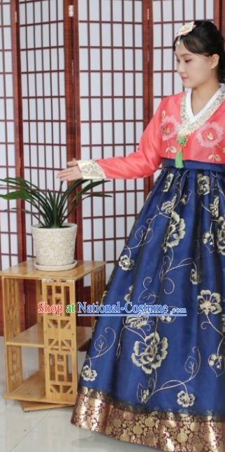 Korean Traditional Hanbok Bride Rosy Blouse and Royalblue Dress Outfits Asian Korea Wedding Fashion Costume for Women