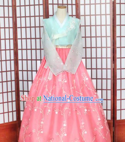 Korean Traditional Hanbok Light Blue Blouse and Pink Dress Outfits Asian Korea Wedding Fashion Costume for Women