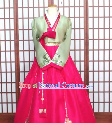 Korean Traditional Garment Hanbok Light Green Blouse and Rosy Dress Outfits Asian Korea Fashion Costume for Women