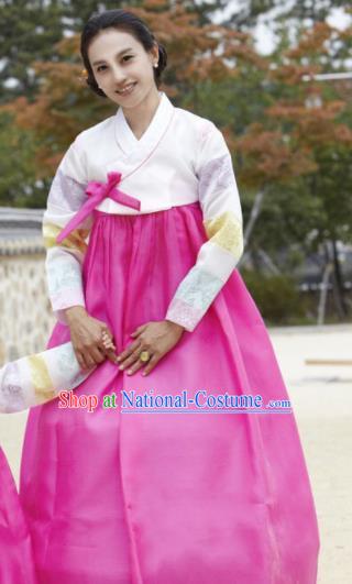 Korean Traditional Garment Hanbok White Blouse and Rosy Dress Outfits Asian Korea Fashion Costume for Women