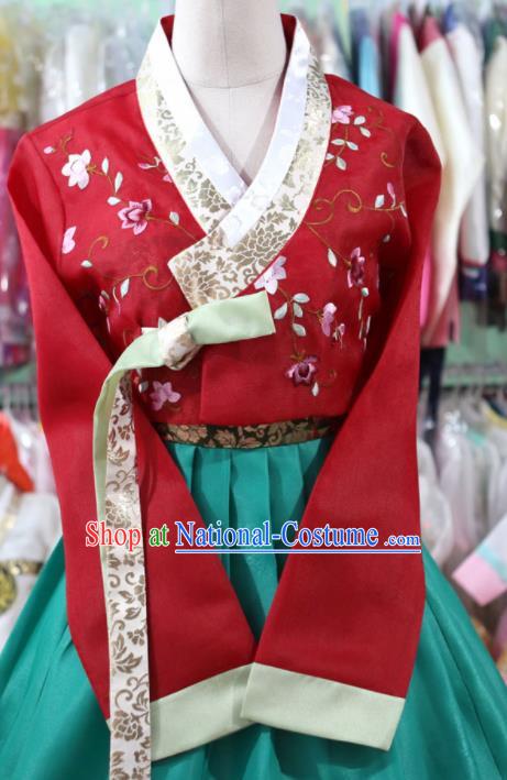 Korean Traditional Bride Garment Hanbok Embroidered Red Blouse and Green Dress Outfits Asian Korea Fashion Costume for Women