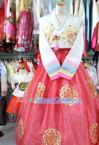 Korean Traditional Bride Garment Hanbok Embroidered White Blouse and Pink Dress Outfits Asian Korea Fashion Costume for Women